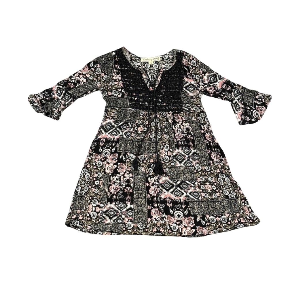 California Gypsy Boho Peasant Dress Womens XS Black Pink Floral Crochet Tassel